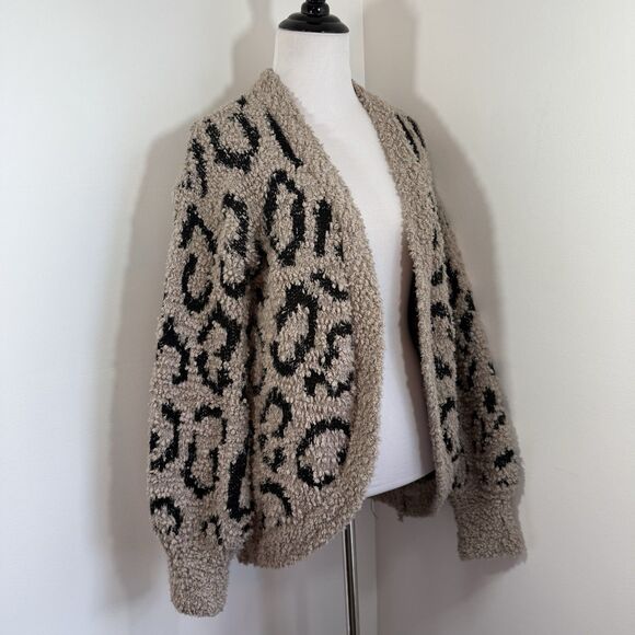 Rachel Zoe Leopard Print Cardigan S Open Front Sweater Jacket L Black Taupe - Picture 3 of 11